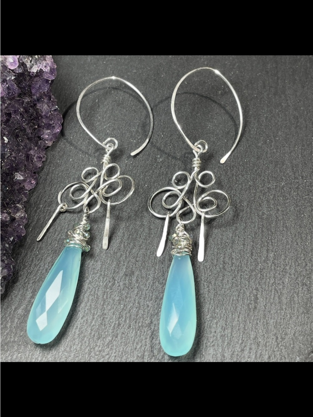 Artisan Sterling Silver Earrings with Soft Blue Chalcedony Drops - Picture 6 of 7